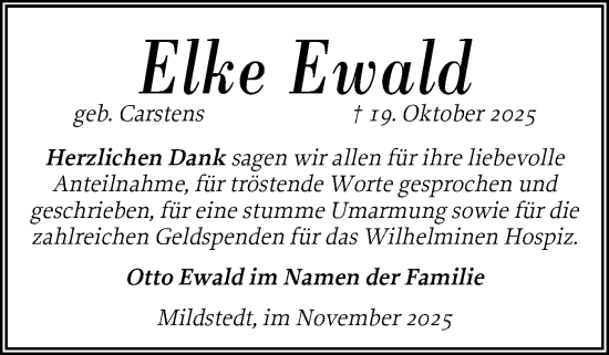 Traueranzeige von Elke Ewald von Husumer Nachrichten, Nordfriesland Tageblatt