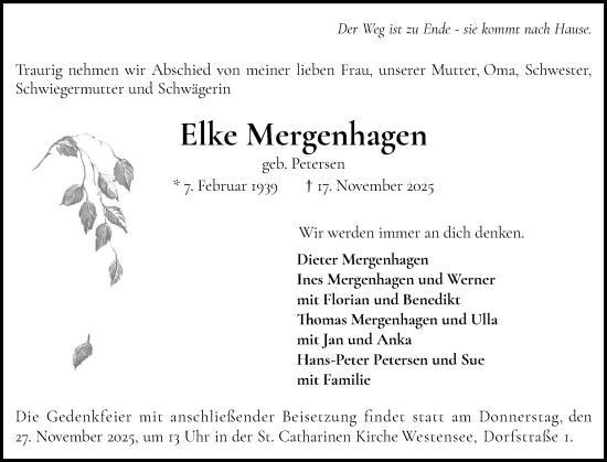 Traueranzeige von Elke Mergenhagen von Wedel-Schulauer Tageblatt, tip Wedel-Schulauer Tageblatt, tip Rissener Rundschau