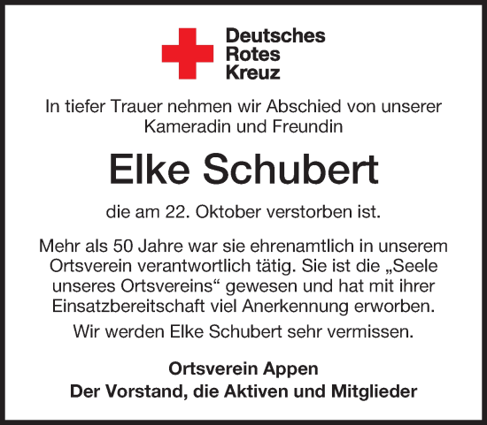 Traueranzeige von Elke Schubert von Region Pinneberg und tip Pinneberg