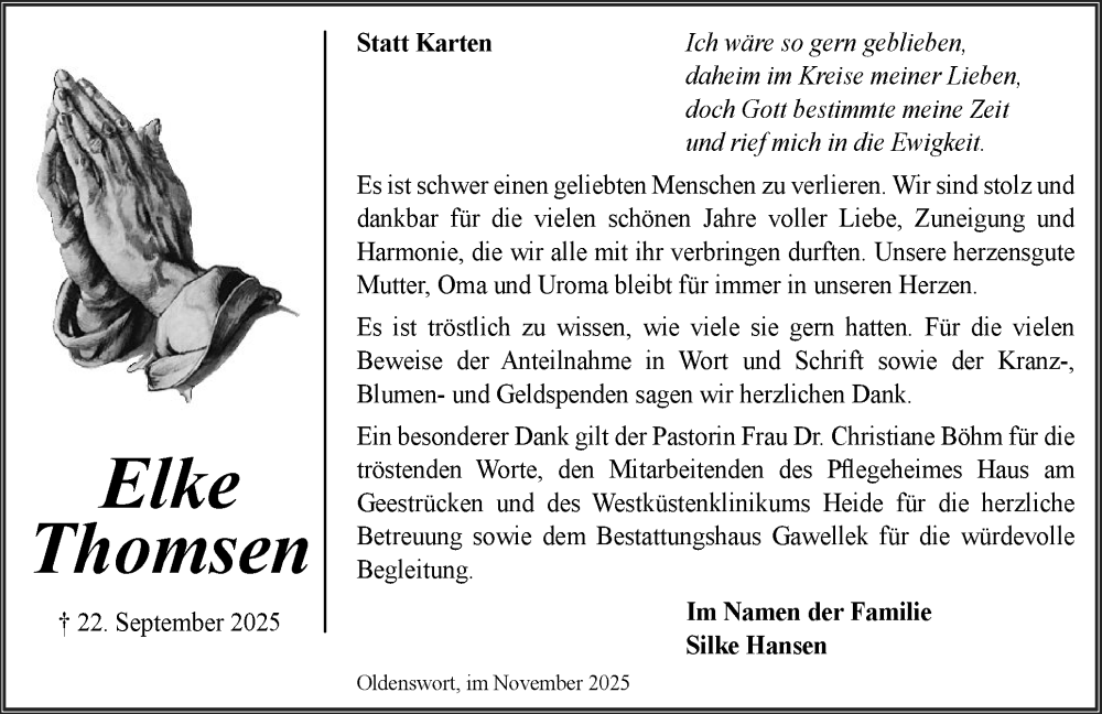  Traueranzeige für Elke Thomsen vom 15.11.2025 aus Husumer Nachrichten, Nordfriesland Tageblatt