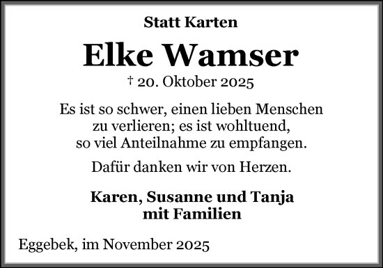Traueranzeige von Elke Wamser von Flensburger Tageblatt, Schleswiger Nachrichten, Schlei-Bote