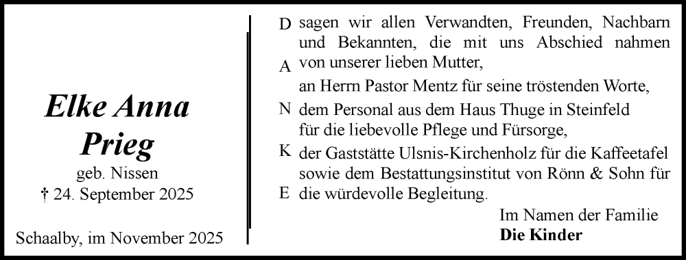  Traueranzeige für Elke Anna Prieg vom 08.11.2025 aus Region Flensburg