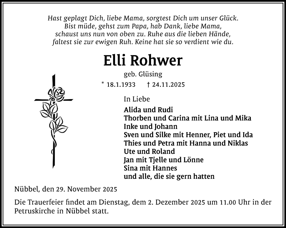  Traueranzeige für Elli Rohwer vom 29.11.2025 aus Schleswig-Holsteinische Landeszeitung