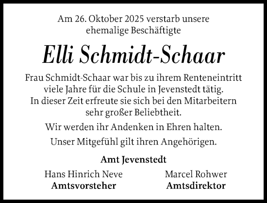 Traueranzeige von Elli Schmidt-Schaar von Schleswig-Holsteinische Landeszeitung