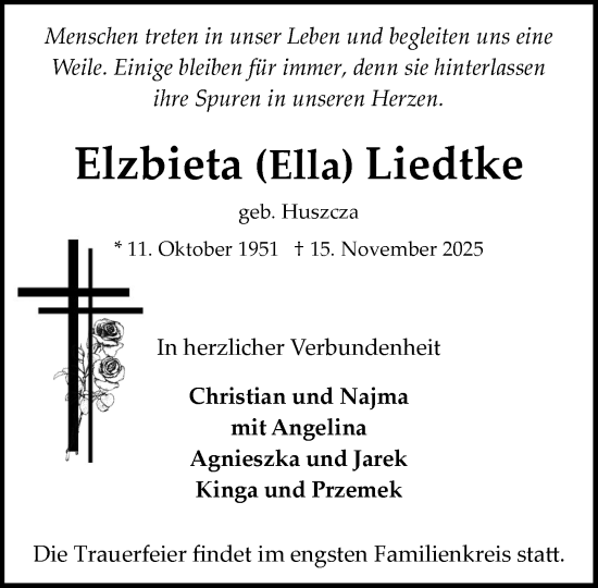 Traueranzeige von Elzbieta Liedtke von MARKT Bad Oldesloe/Reinfeld und Stormarner Tageblatt
