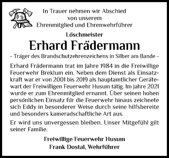 Traueranzeige von Erhard Frädermann von Husumer Nachrichten, Nordfriesland Tageblatt