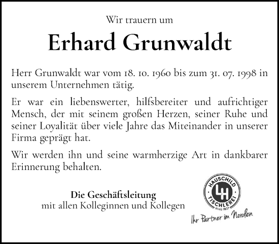 Traueranzeige von Erhard Grunwaldt von Holsteinischer Courier