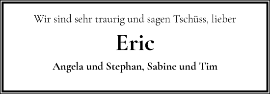 Traueranzeige von Eric  von Schleswiger Nachrichten, Schlei-Bote