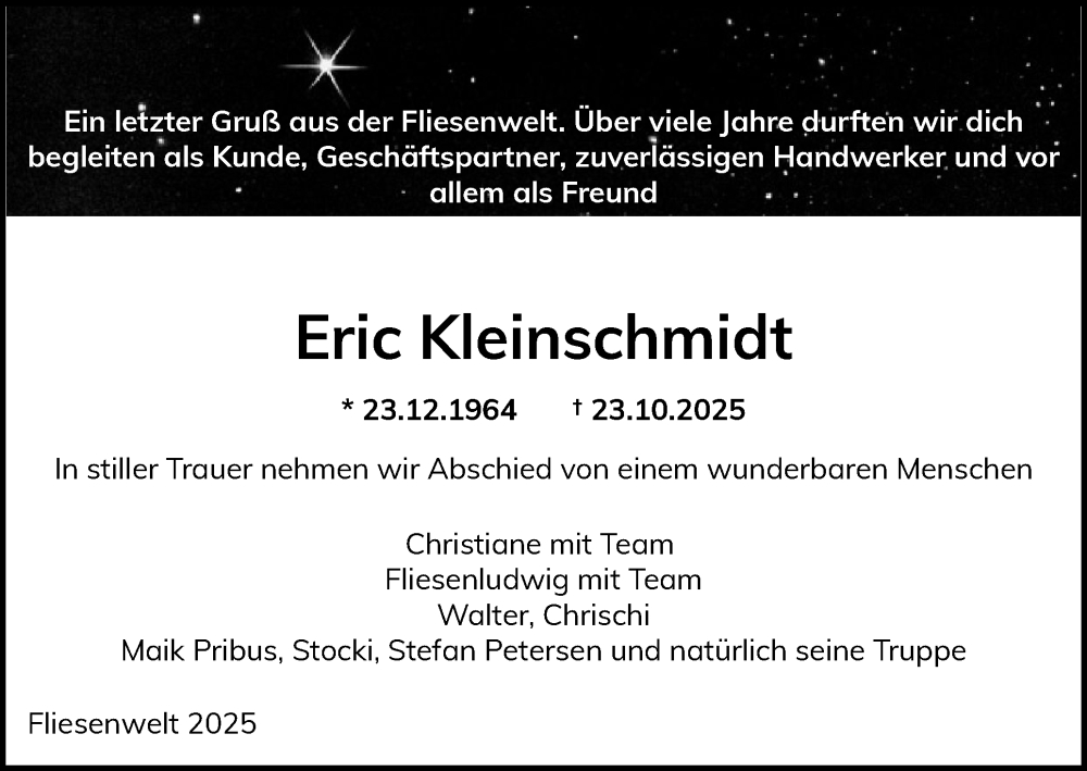  Traueranzeige für Eric Kleinschmidt vom 15.11.2025 aus Region Flensburg