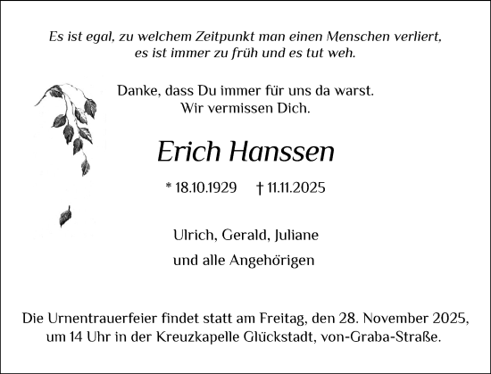 Traueranzeige von Erich Hanssen von Norddeutsche Rundschau, Wilstersche Zeitung, Glückstädter Fortuna
