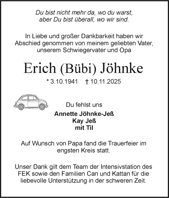 Traueranzeige von Erich Jöhnke von Holsteinischer Courier