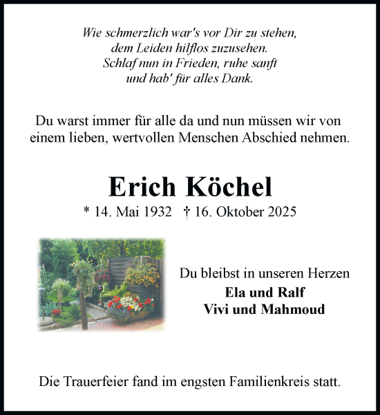 Traueranzeige von Erich Köchel von Wochenend Anzeiger