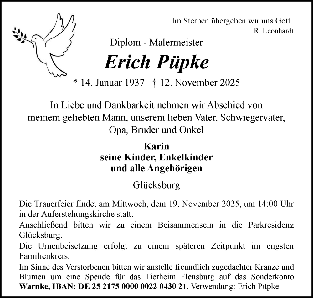  Traueranzeige für Erich Püpke vom 15.11.2025 aus Flensburger Tageblatt