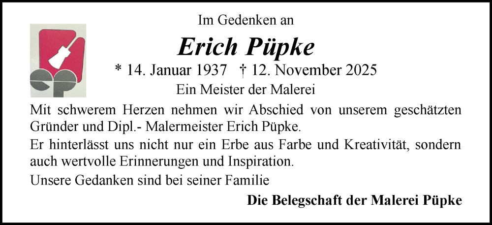  Traueranzeige für Erich Püpke vom 19.11.2025 aus Flensburger Tageblatt