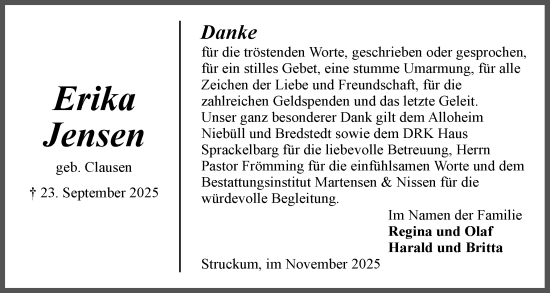 Traueranzeige von Erika Jensen von Husumer Nachrichten, Nordfriesland Tageblatt