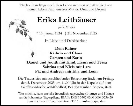 Traueranzeige von Erika Leithäuser von MARKT Ahrensburg/Bargteheide/Trittau und Stormarner Tageblatt