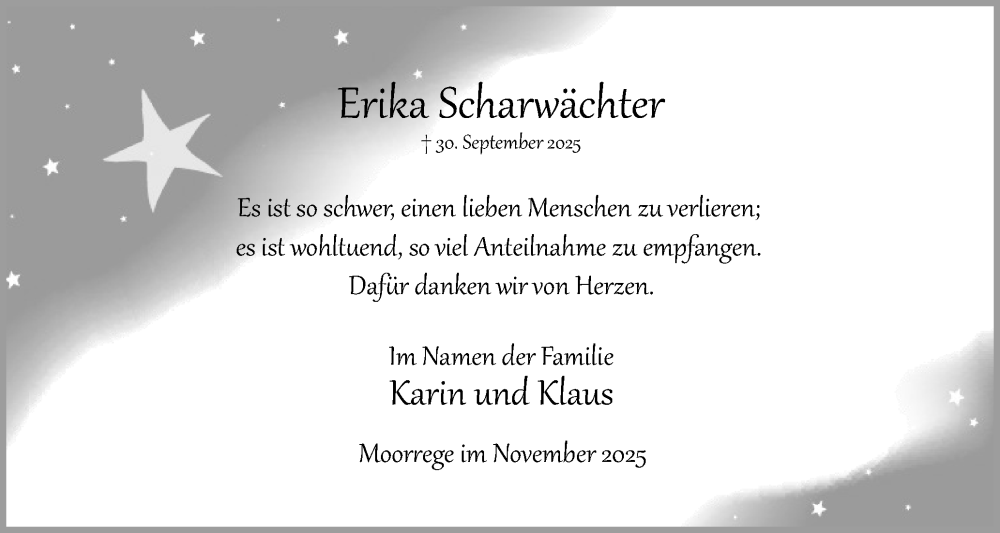  Traueranzeige für Erika Scharwächter vom 22.11.2025 aus Uetersener Nachrichten, Der tip am Wochenende