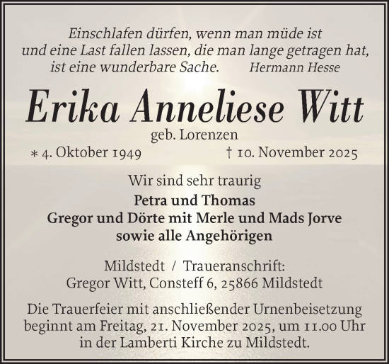 Traueranzeige von Erika Anneliese Witt von Husumer Nachrichten, Nordfriesland Tageblatt