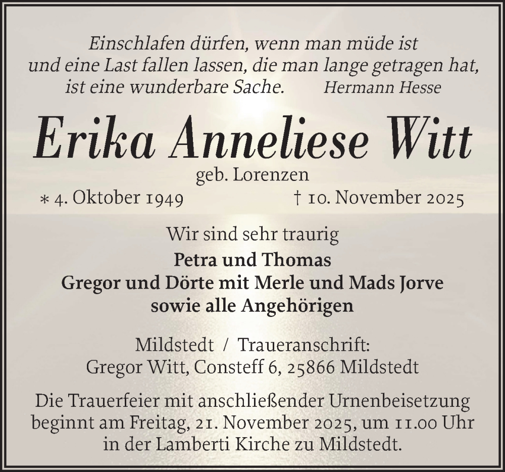  Traueranzeige für Erika Anneliese Witt vom 15.11.2025 aus Husumer Nachrichten, Nordfriesland Tageblatt