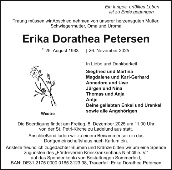 Traueranzeige von Erika Dorathea Petersen von Husumer Nachrichten, Nordfriesland Tageblatt