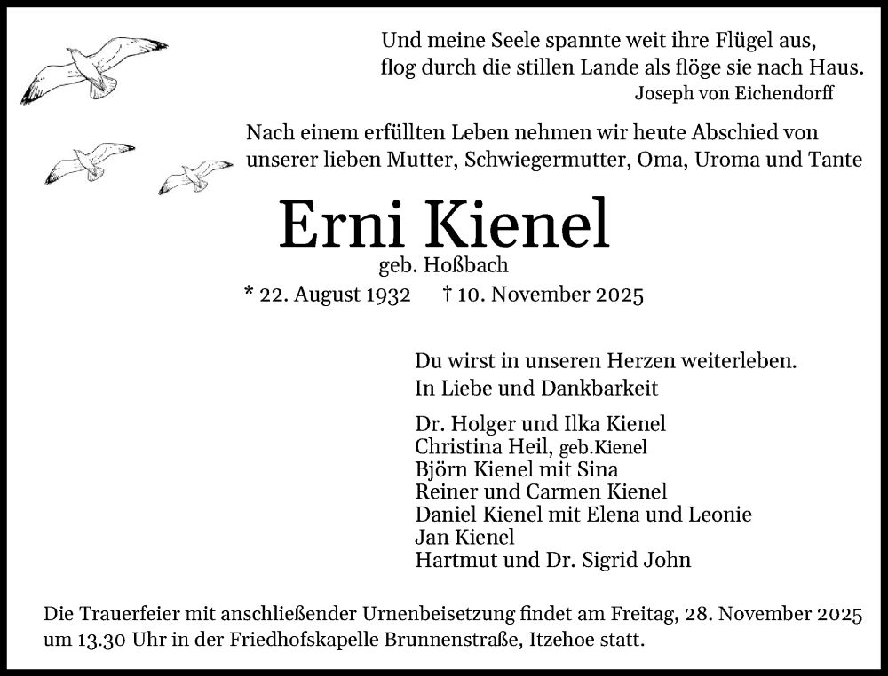  Traueranzeige für Erni Kienel vom 22.11.2025 aus Norddeutsche Rundschau, Wilstersche Zeitung, Glückstädter Fortuna