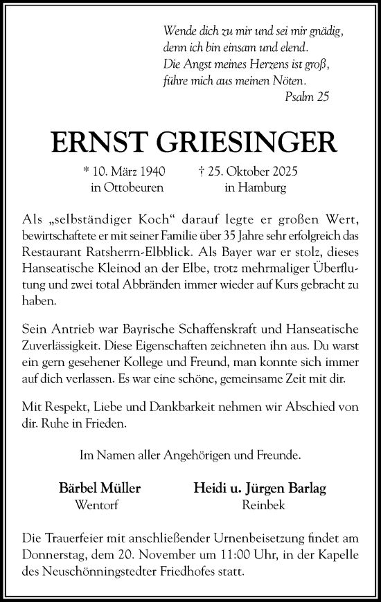 Traueranzeige von Ernst Griesinger von MARKT Glinde/Reinfeld