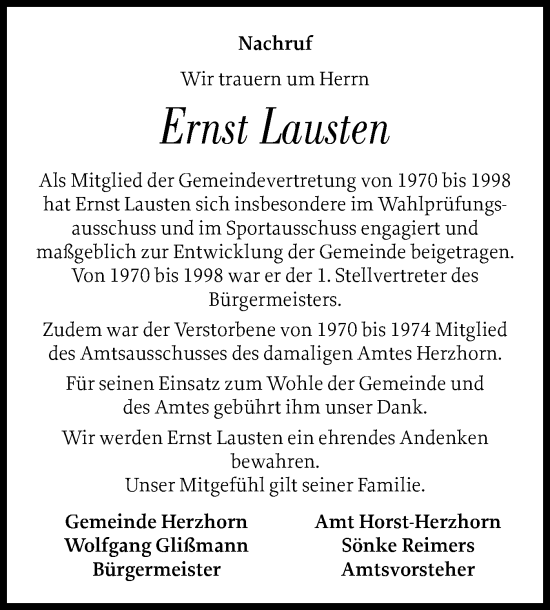 Traueranzeige von Ernst Lausten von Norddeutsche Rundschau, Wilstersche Zeitung, Glückstädter Fortuna