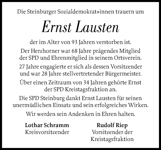 Traueranzeige von Ernst Lausten von Norddeutsche Rundschau, Wilstersche Zeitung, Glückstädter Fortuna