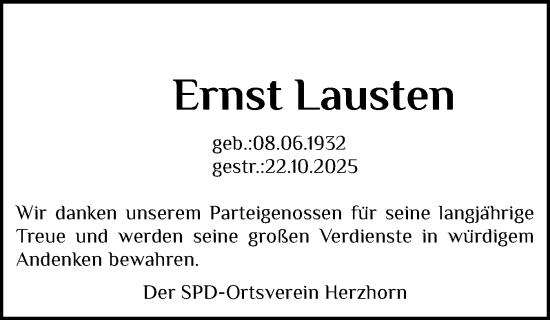 Traueranzeige von Ernst Lausten von Norddeutsche Rundschau, Wilstersche Zeitung, Glückstädter Fortuna