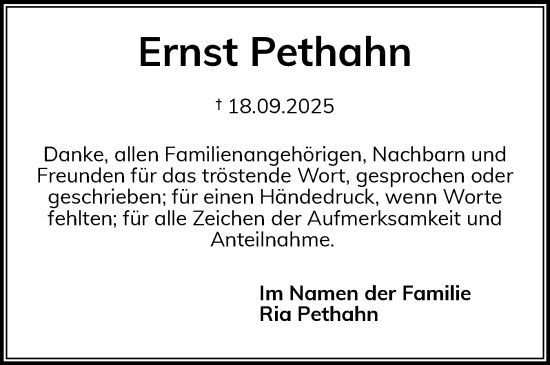 Traueranzeige von Ernst Pethahn von Region Steinburg-Elmshorn
