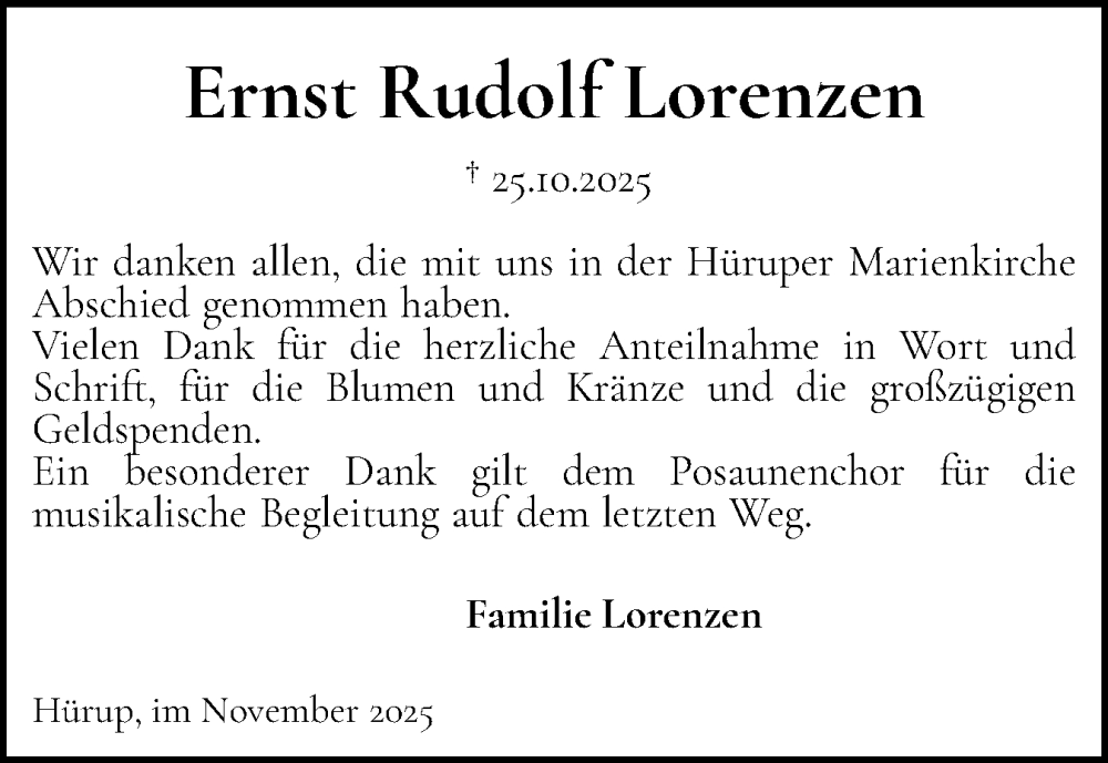  Traueranzeige für Ernst Rudolf Lorenzen vom 29.11.2025 aus Flensburger Tageblatt