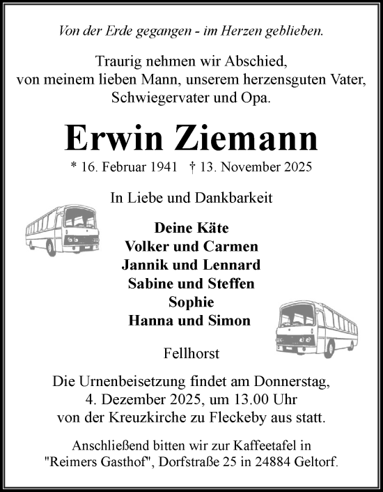 Traueranzeige von Erwin Ziemann von Eckernförder Zeitung, Hallo Eckernförde