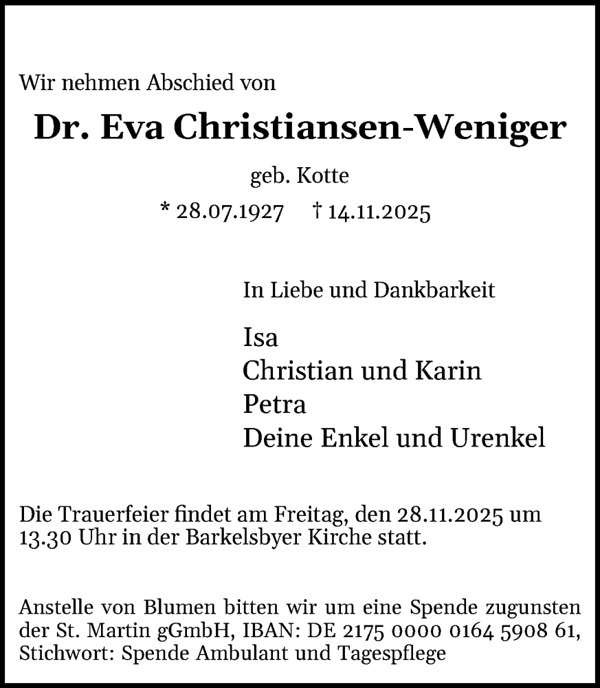  Traueranzeige für Eva Christiansen-Weniger vom 29.11.2025 aus Eckernförder Zeitung, Hallo Eckernförde