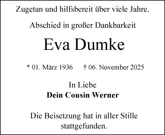 Traueranzeige von Eva Dumke von MARKT Ratzeburg/Mölln