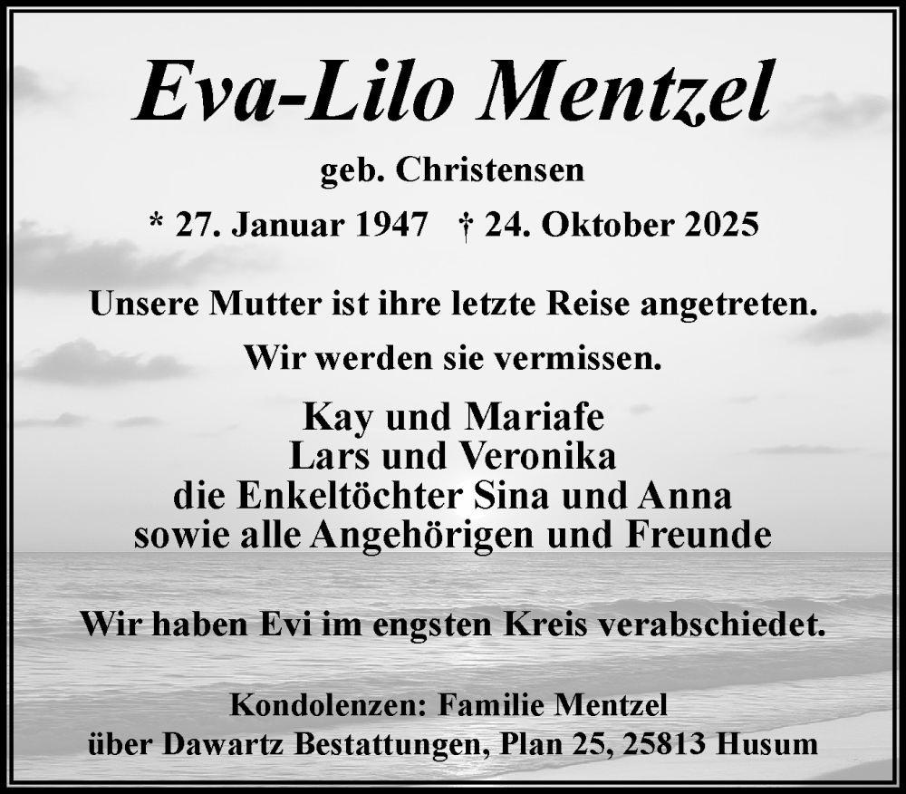  Traueranzeige für Eva-Lilo Mentzel vom 15.11.2025 aus Husumer Nachrichten, Nordfriesland Tageblatt