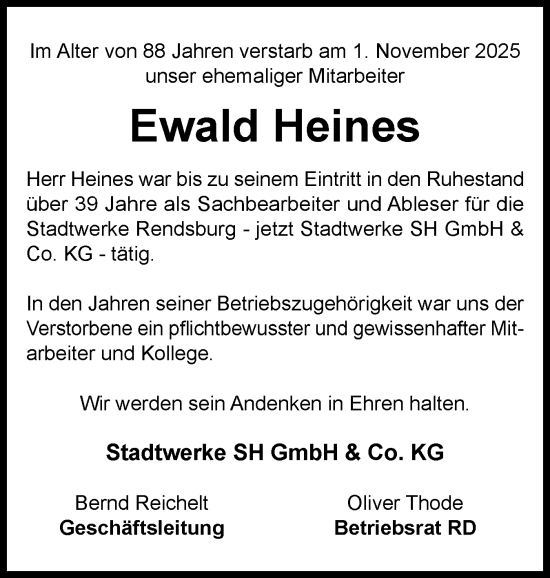 Traueranzeige von Ewald Heines von Schleswig-Holsteinische Landeszeitung
