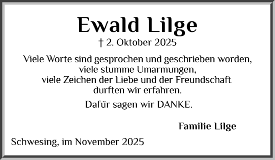 Traueranzeige von Ewald Lilge von Husumer Nachrichten, Nordfriesland Tageblatt
