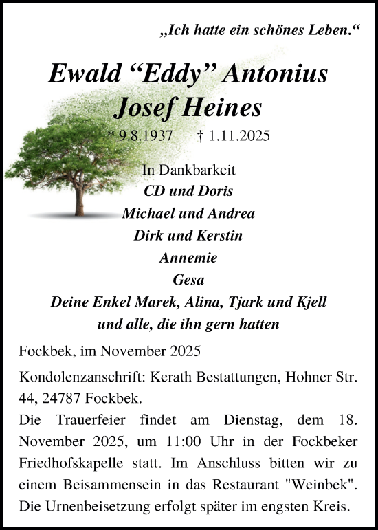 Traueranzeige von Ewald Antonius Josef Heines von Schleswig-Holsteinische Landeszeitung