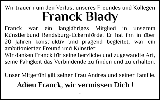 Traueranzeige von Franck Blady von Eckernförder Zeitung, Hallo Eckernförde
