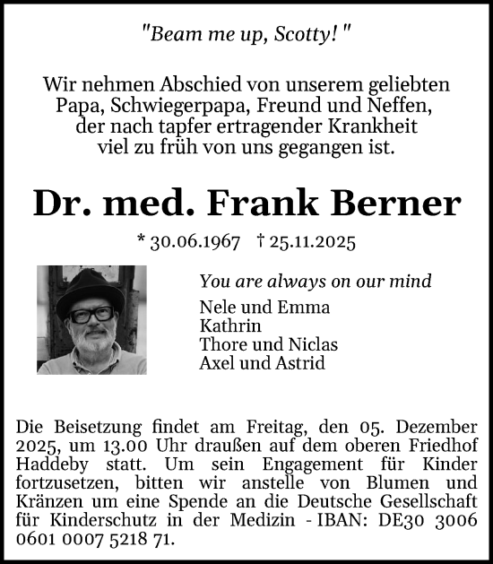 Traueranzeige von Frank Berner von Schleswiger Nachrichten, Schlei-Bote