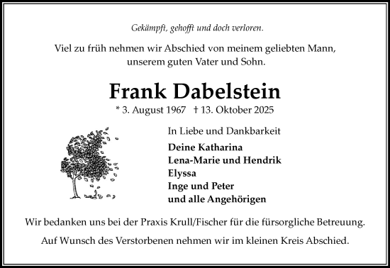 Traueranzeige von Frank Dabelstein von MARKT Bad Oldesloe/Reinfeld und Stormarner Tageblatt