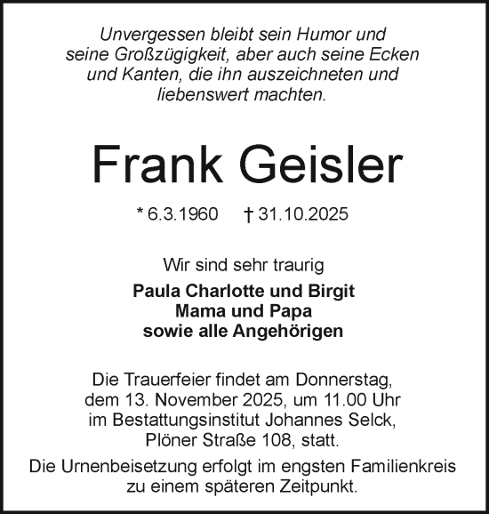 Traueranzeige von Frank Geisler von Holsteinischer Courier