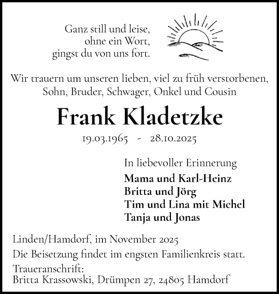 Traueranzeige von Frank Kladetzke von Schleswig-Holsteinische Landeszeitung
