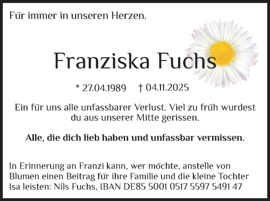 Traueranzeige von Franziska Fuchs von Eckernförder Zeitung, Hallo Eckernförde