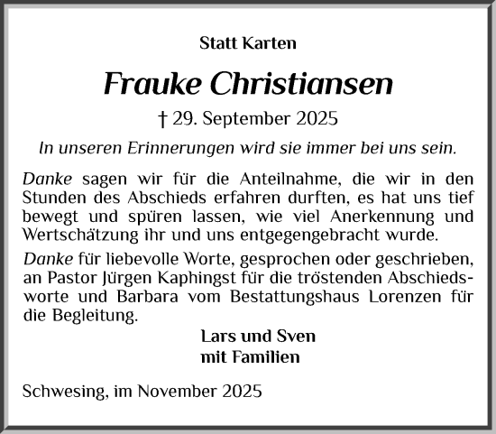 Traueranzeige von Frauke Christiansen von Husumer Nachrichten, Nordfriesland Tageblatt