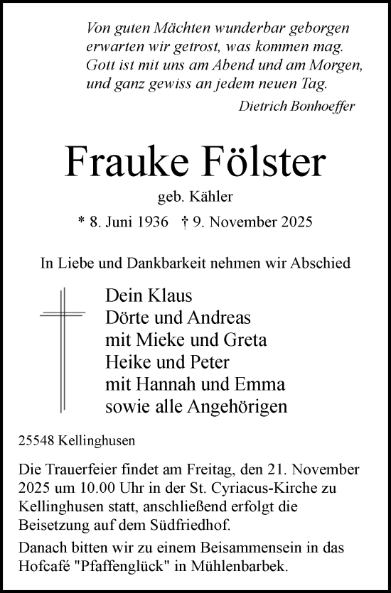 Traueranzeige von Frauke Fölster von Norddeutsche Rundschau, Wilstersche Zeitung, Glückstädter Fortuna