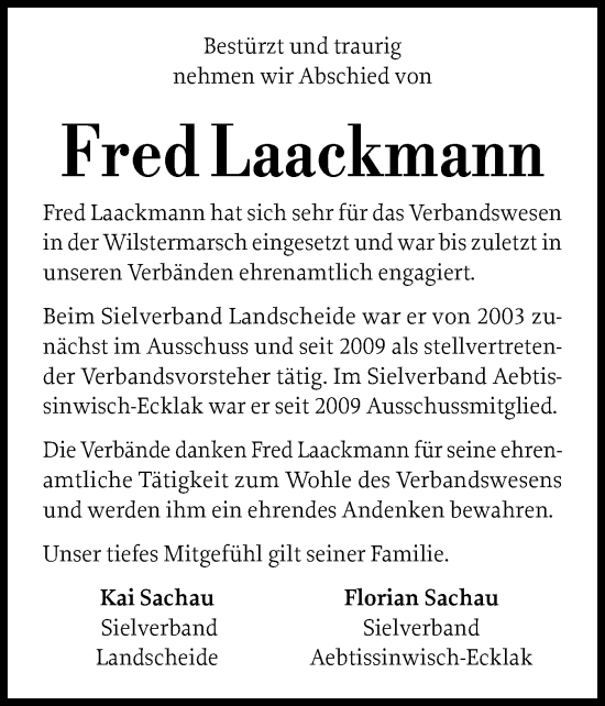 Traueranzeige von Fred Laackmann von Norddeutsche Rundschau, Wilstersche Zeitung, Glückstädter Fortuna