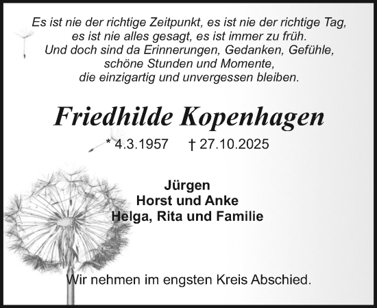 Traueranzeige von Friedhilde Kopenhagen von Holsteinischer Courier