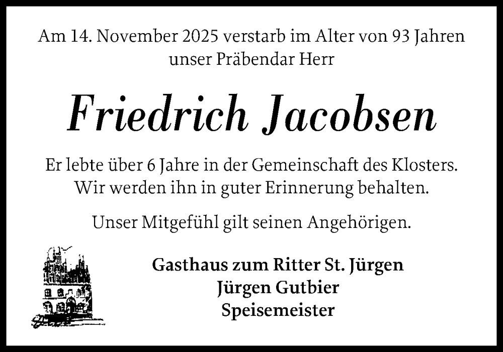  Traueranzeige für Friedrich Jacobsen vom 22.11.2025 aus Husumer Nachrichten, Nordfriesland Tageblatt