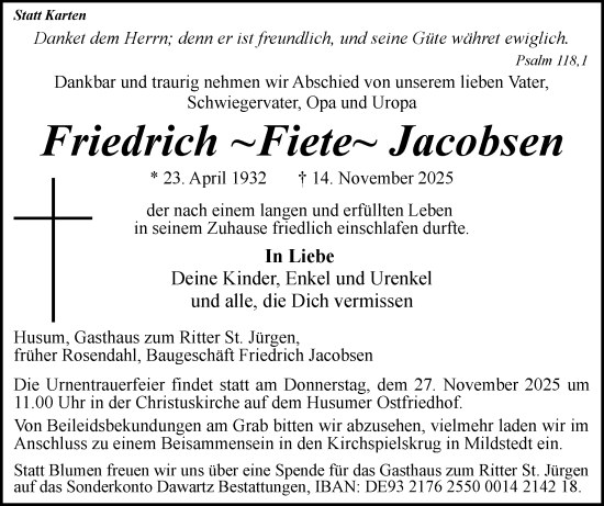 Traueranzeige von Friedrich Jacobsen von Husumer Nachrichten, Nordfriesland Tageblatt